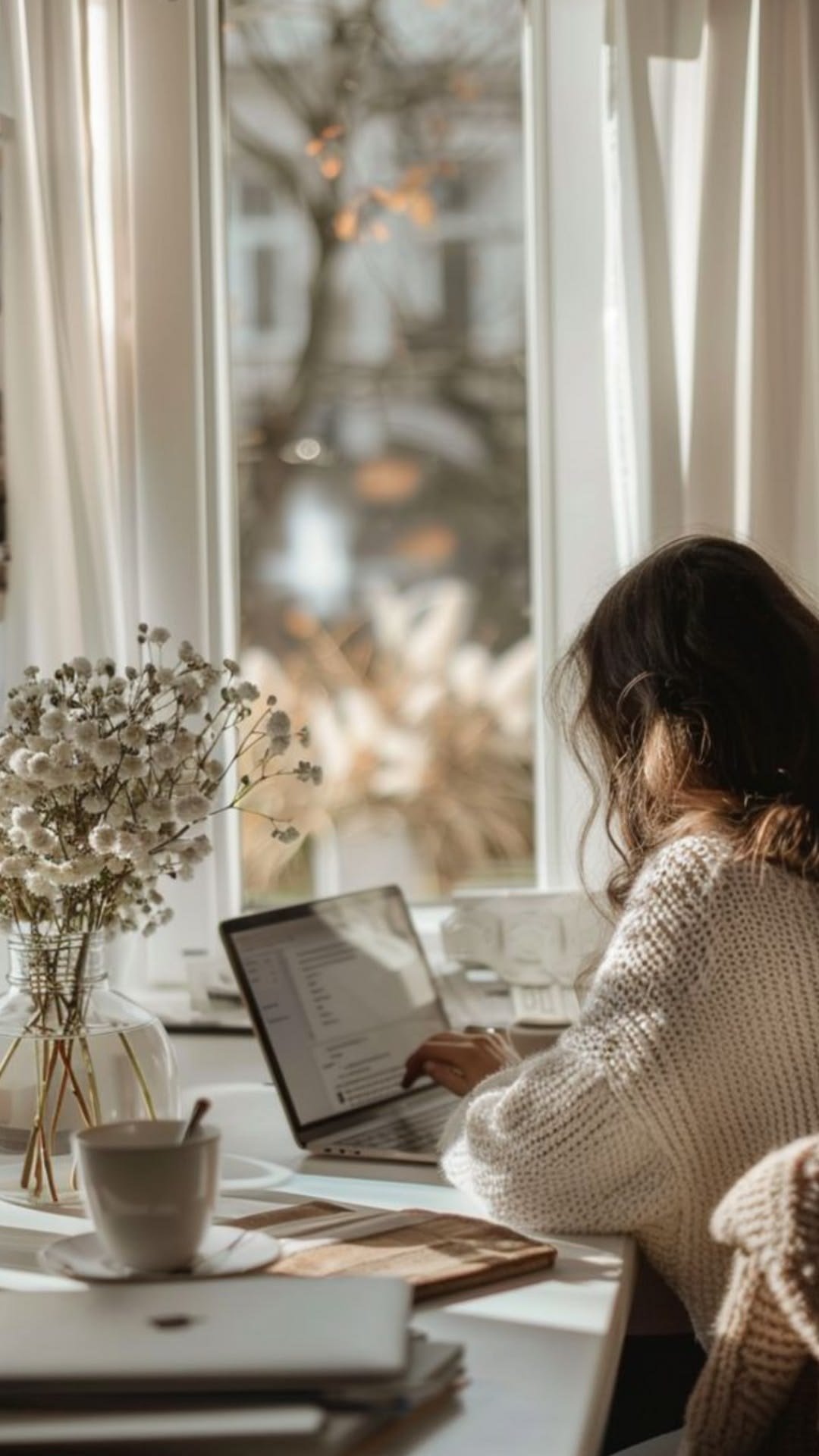 Pilar au travail, ordinateur portable devant une fenêtre